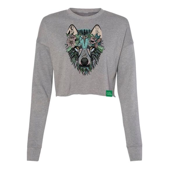 Wild Tribute Boho Wolf Gray Crop Crew Sweatshirt Size XL - Picture 1 of 10